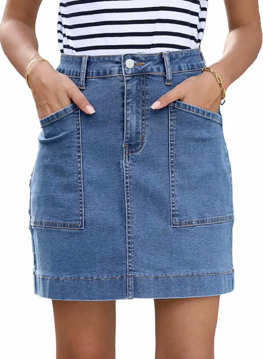 Sidefeel Women's Jean Skirt High Waisted Stretch Casual Summer Zimbaplatinum Denim Skirt with Pockets