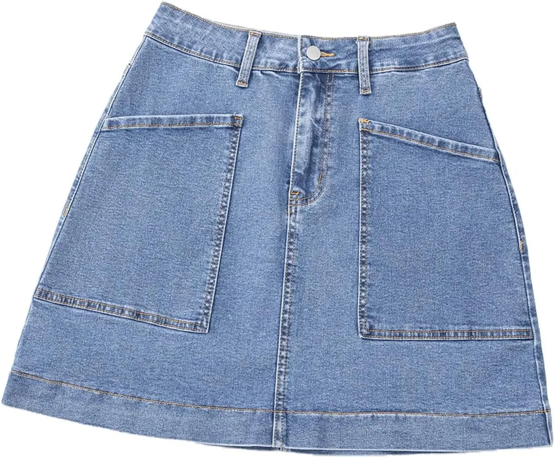 Sidefeel Women's Jean Skirt High Waisted Stretch Casual Summer Zimbaplatinum Denim Skirt with Pockets