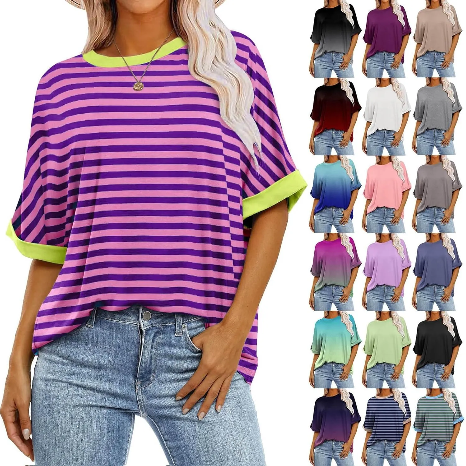 slqdgmryz Oversized Tshirts for Women Crew Neck Half Sleeve Tops Summer Loose Elbow Length Tee Shirts Business Casual Blouses