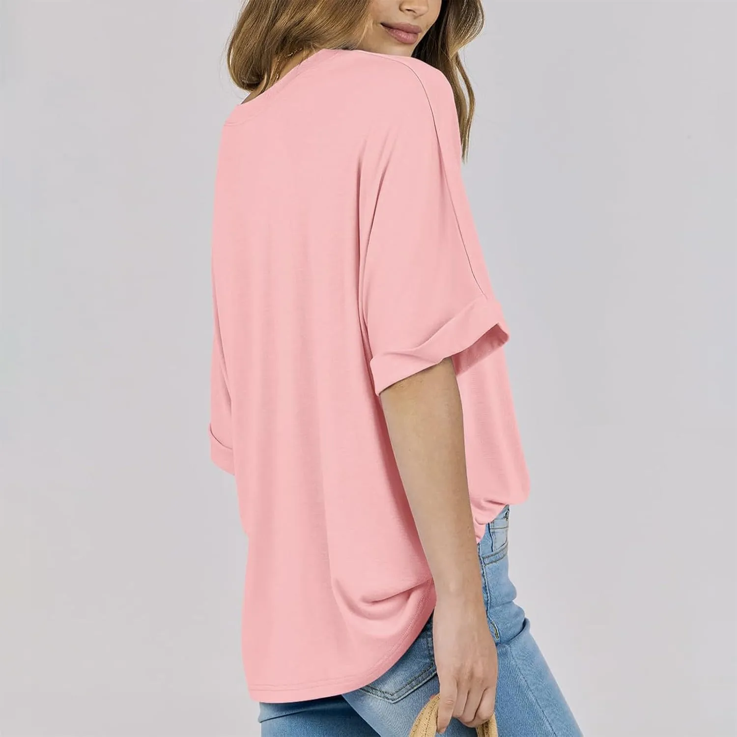 slqdgmryz Oversized Tshirts for Women Crew Neck Half Sleeve Tops Summer Loose Elbow Length Tee Shirts Business Casual Blouses