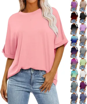 slqdgmryz Oversized Tshirts for Women Crew Neck Half Sleeve Tops Summer Loose Elbow Length Tee Shirts Business Casual Blouses