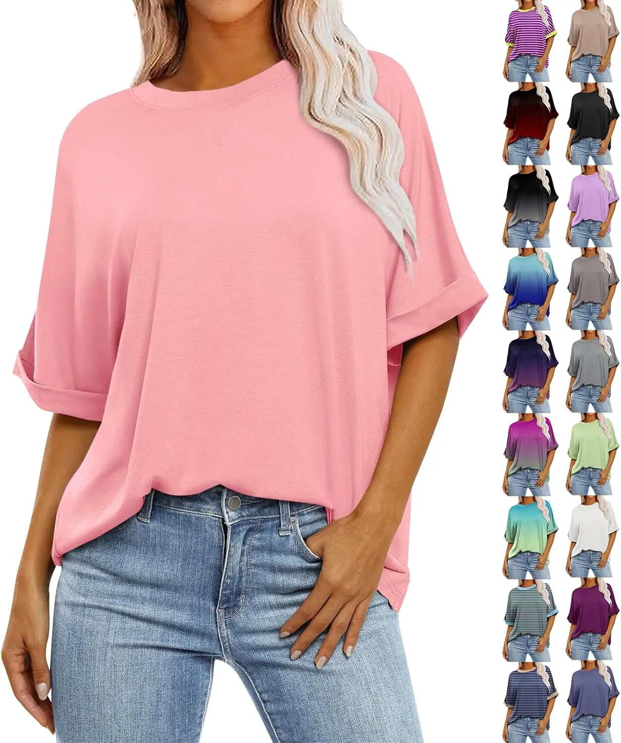slqdgmryz Oversized Tshirts for Women Crew Neck Half Sleeve Tops Summer Loose Elbow Length Tee Shirts Business Casual Blouses