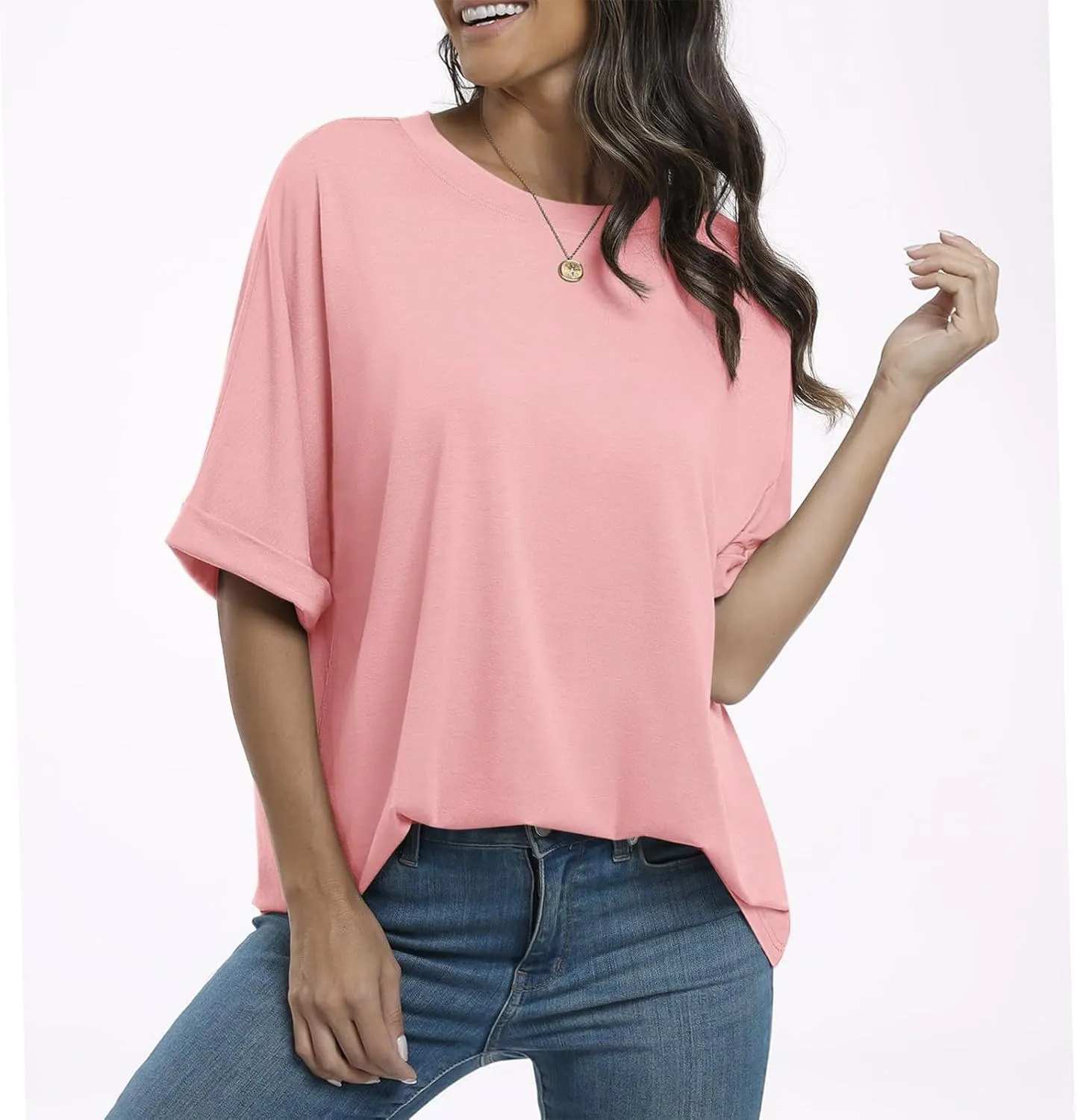 slqdgmryz Oversized Tshirts for Women Crew Neck Half Sleeve Tops Summer Loose Elbow Length Tee Shirts Business Casual Blouses