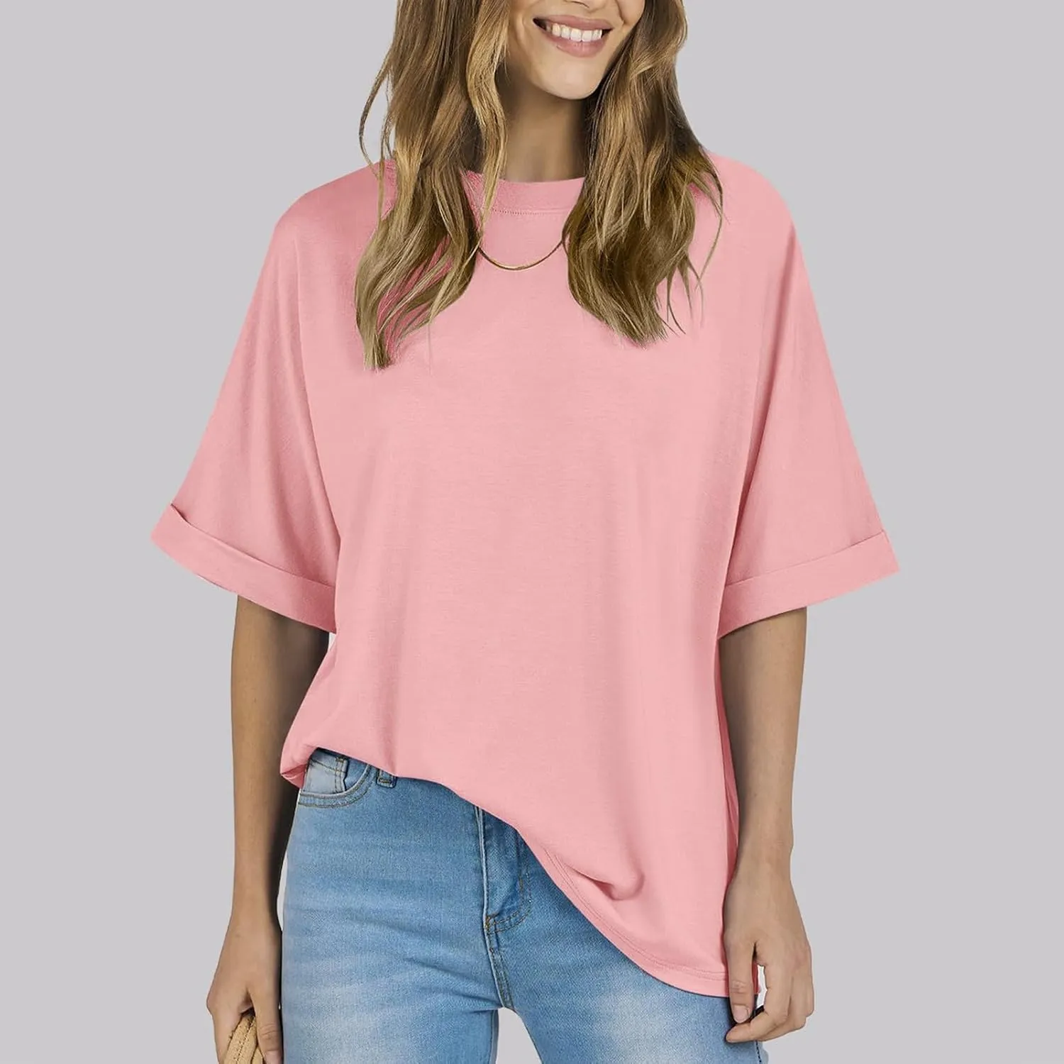 slqdgmryz Oversized Tshirts for Women Crew Neck Half Sleeve Tops Summer Loose Elbow Length Tee Shirts Business Casual Blouses