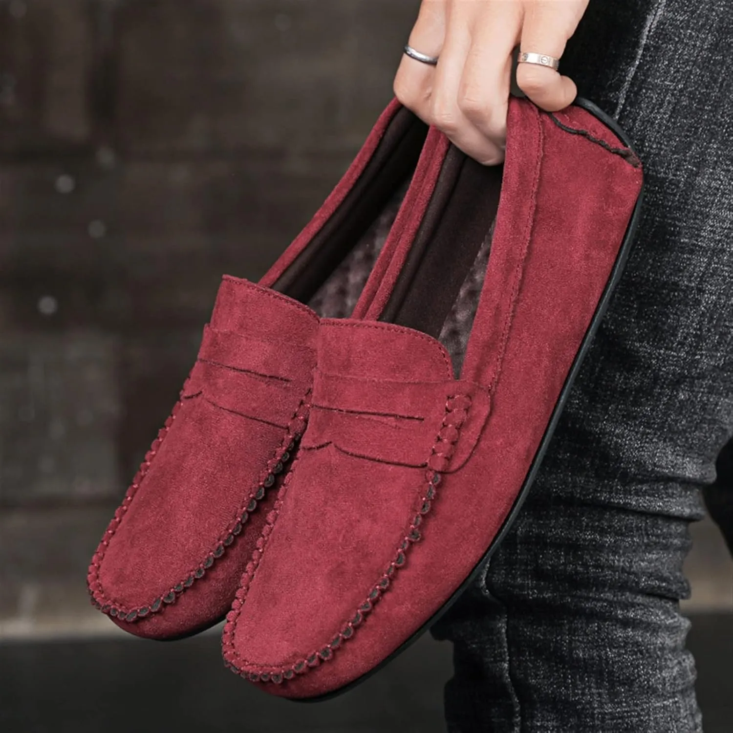 Smoking Loafer for Men Genuine Leather Round Toe Suede Vamp Penny Loafer Resistant Lightweight Anti-Slip Flat Heel Flexible Outdoor Slip On