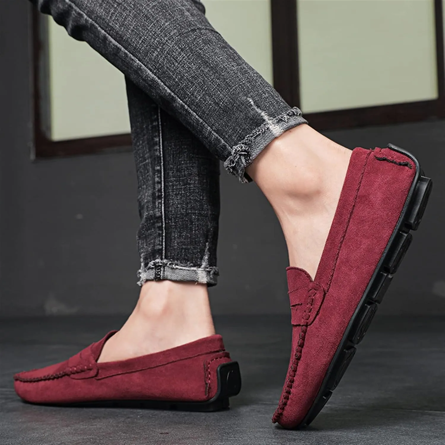 Smoking Loafer for Men Genuine Leather Round Toe Suede Vamp Penny Loafer Resistant Lightweight Anti-Slip Flat Heel Flexible Outdoor Slip On