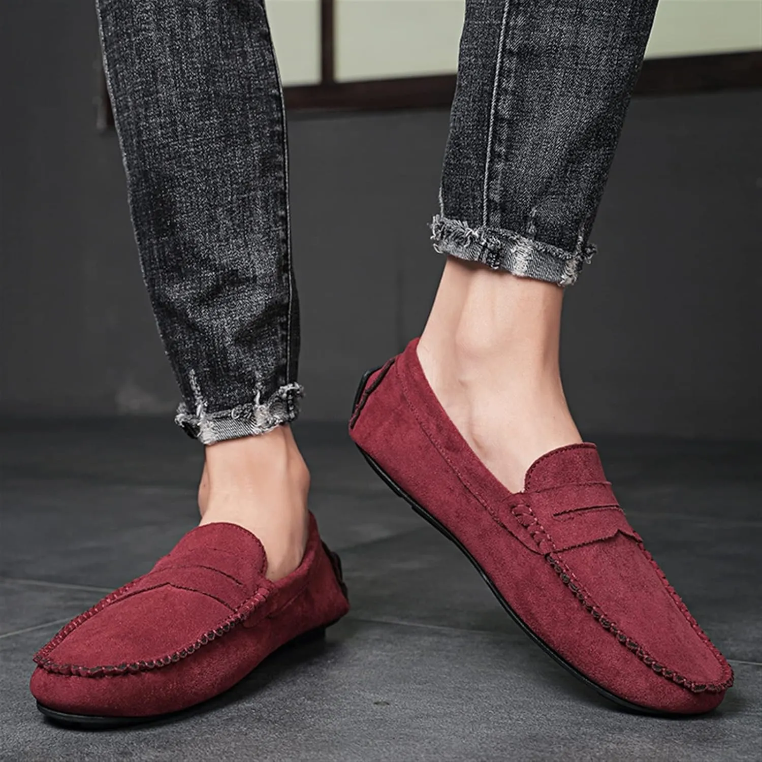 Smoking Loafer for Men Genuine Leather Round Toe Suede Vamp Penny Loafer Resistant Lightweight Anti-Slip Flat Heel Flexible Outdoor Slip On
