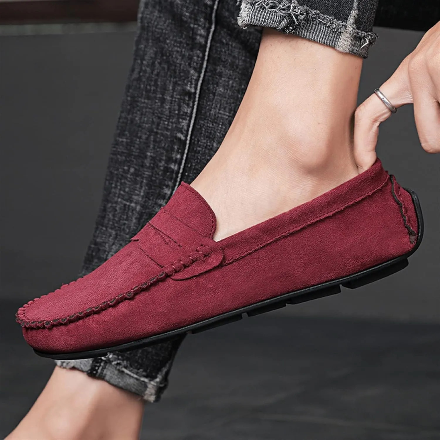 Smoking Loafer for Men Genuine Leather Round Toe Suede Vamp Penny Loafer Resistant Lightweight Anti-Slip Flat Heel Flexible Outdoor Slip On