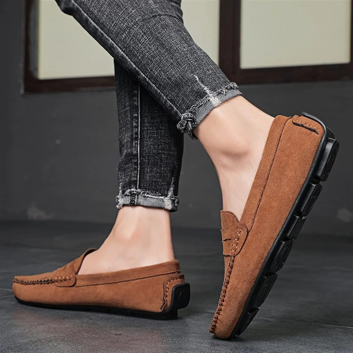 Smoking Loafer for Men Suede Vamp Penny Loafer Stitching Details Round Toe Flat Heel Flexible Anti-Slip Resistant Casual Slip on for Any Attire