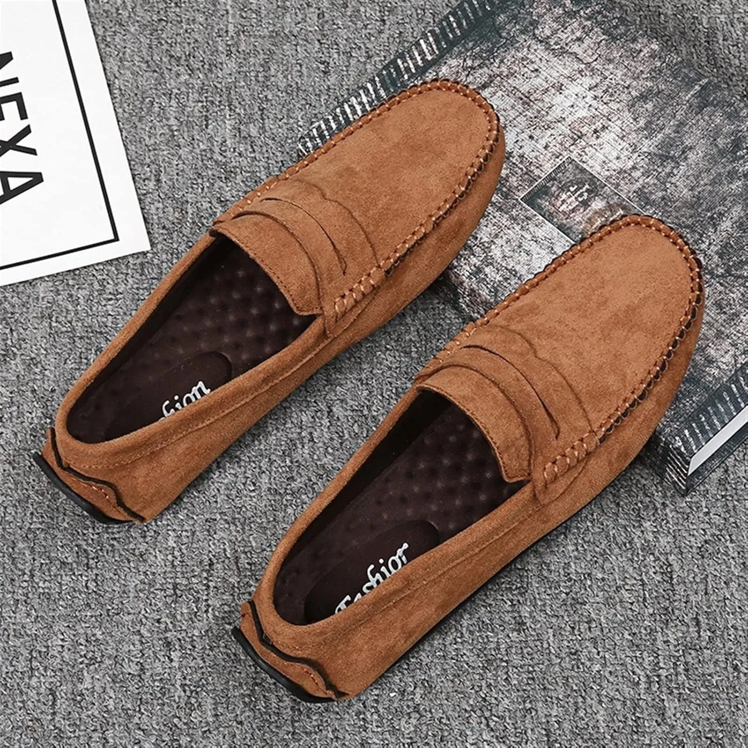 Smoking Loafer for Men Suede Vamp Penny Loafer Stitching Details Round Toe Flat Heel Flexible Anti-Slip Resistant Casual Slip on for Any Attire