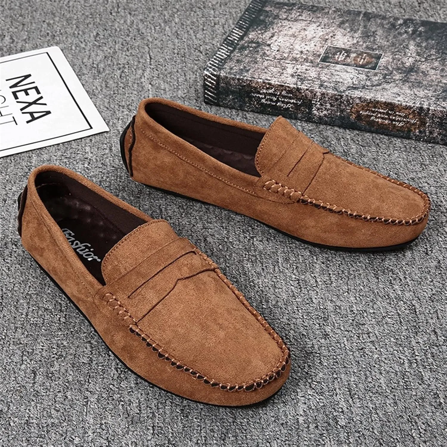 Smoking Loafer for Men Suede Vamp Penny Loafer Stitching Details Round Toe Flat Heel Flexible Anti-Slip Resistant Casual Slip on for Any Attire