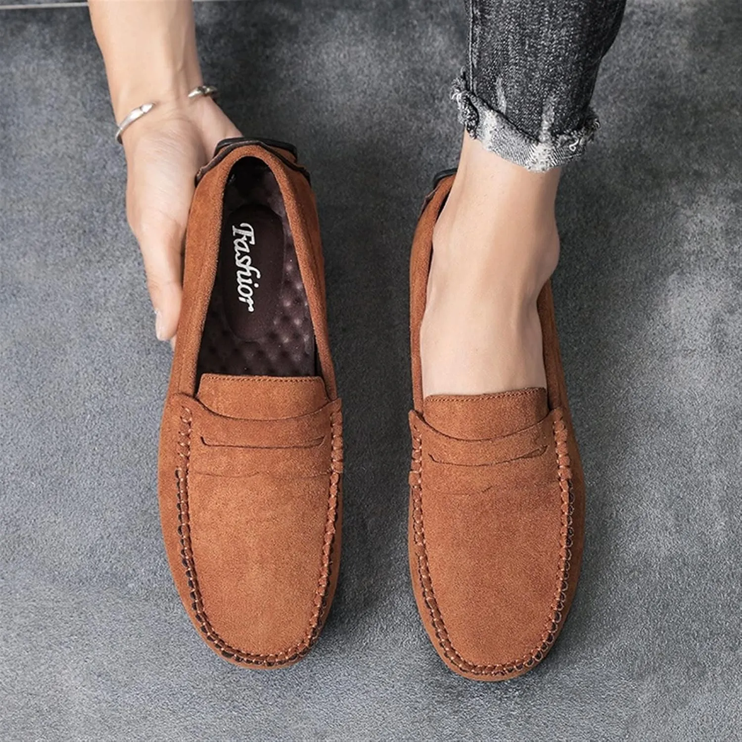 Smoking Loafer for Men Suede Vamp Penny Loafer Stitching Details Round Toe Flat Heel Flexible Anti-Slip Resistant Casual Slip on for Any Attire