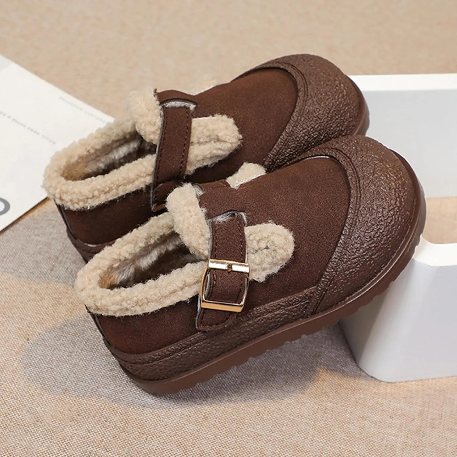 Snow Sneakers for Boys Girls, Suede Platform Warm Fr Lined Fashion Slip-on Comfortable Winter Flat Creature Boots
