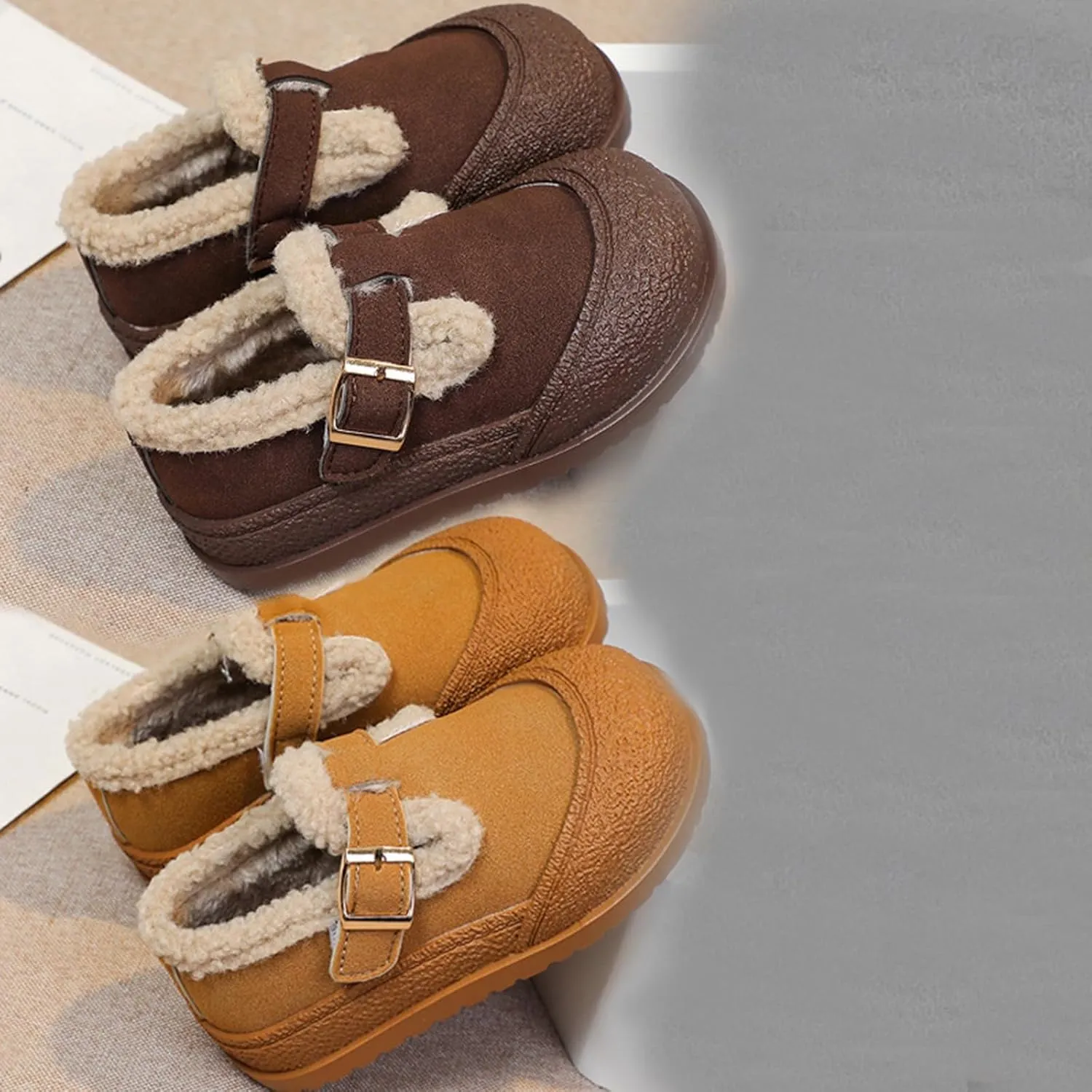 Snow Sneakers for Boys Girls, Suede Platform Warm Fr Lined Fashion Slip-on Comfortable Winter Flat Creature Boots