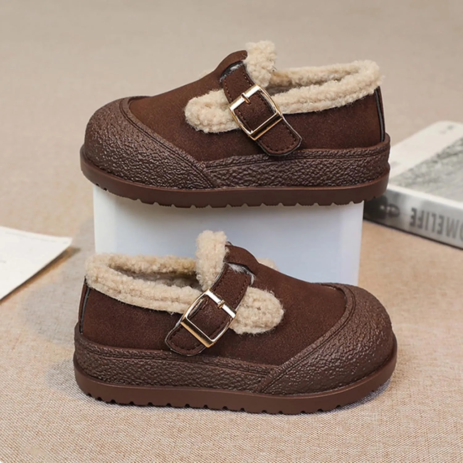 Snow Sneakers for Boys Girls, Suede Platform Warm Fr Lined Fashion Slip-on Comfortable Winter Flat Creature Boots