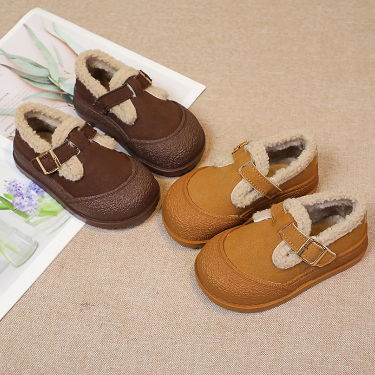 Snow Sneakers for Boys Girls, Suede Platform Warm Fr Lined Fashion Slip-on Comfortable Winter Flat Creature Boots