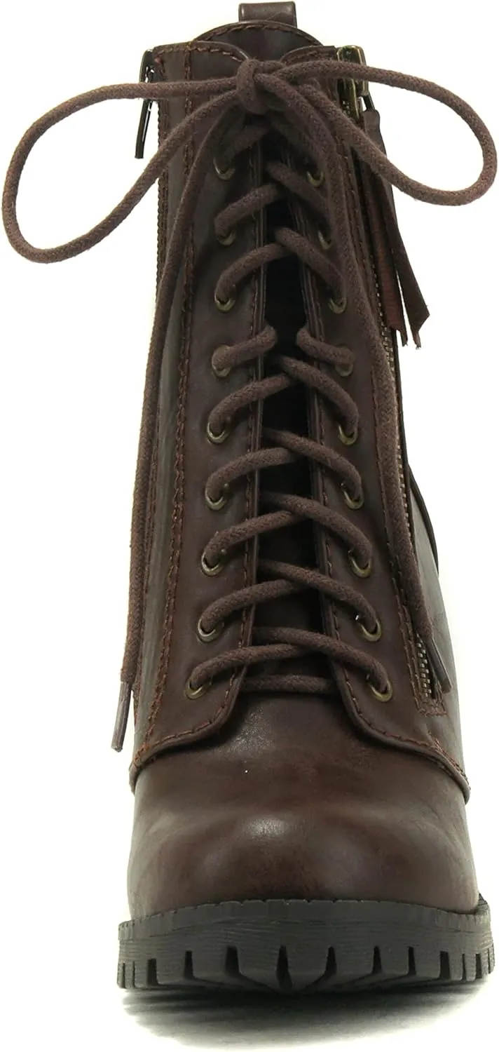 Soda Malia Round Toe Stacked Lug Heel Lace Up Ankle Booties