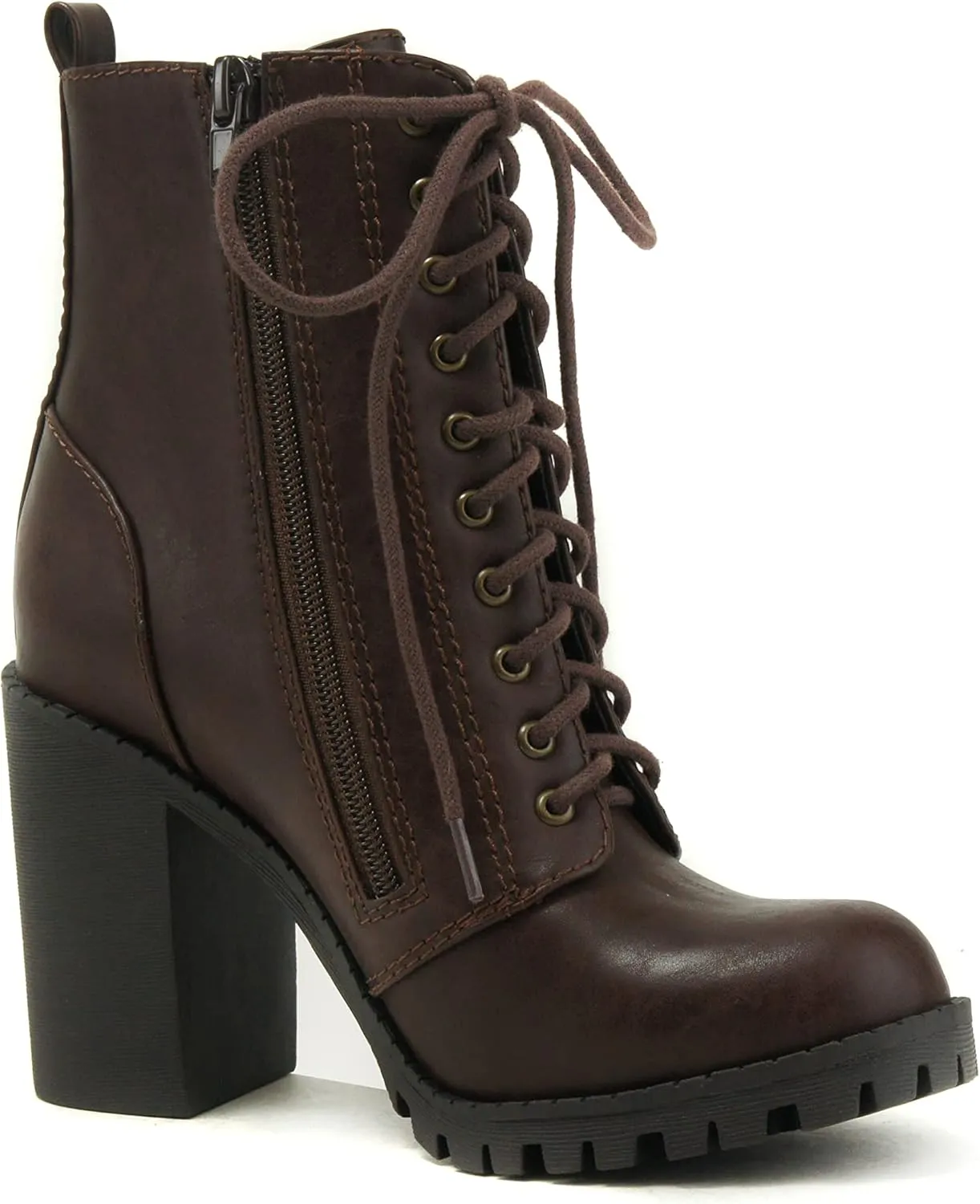 Soda Malia Round Toe Stacked Lug Heel Lace Up Ankle Booties