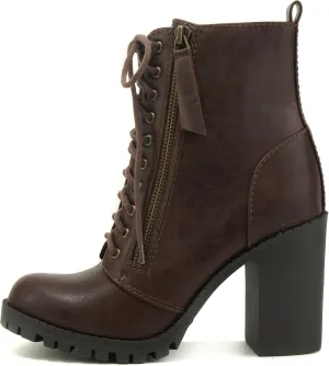 Soda Malia Round Toe Stacked Lug Heel Lace Up Ankle Booties