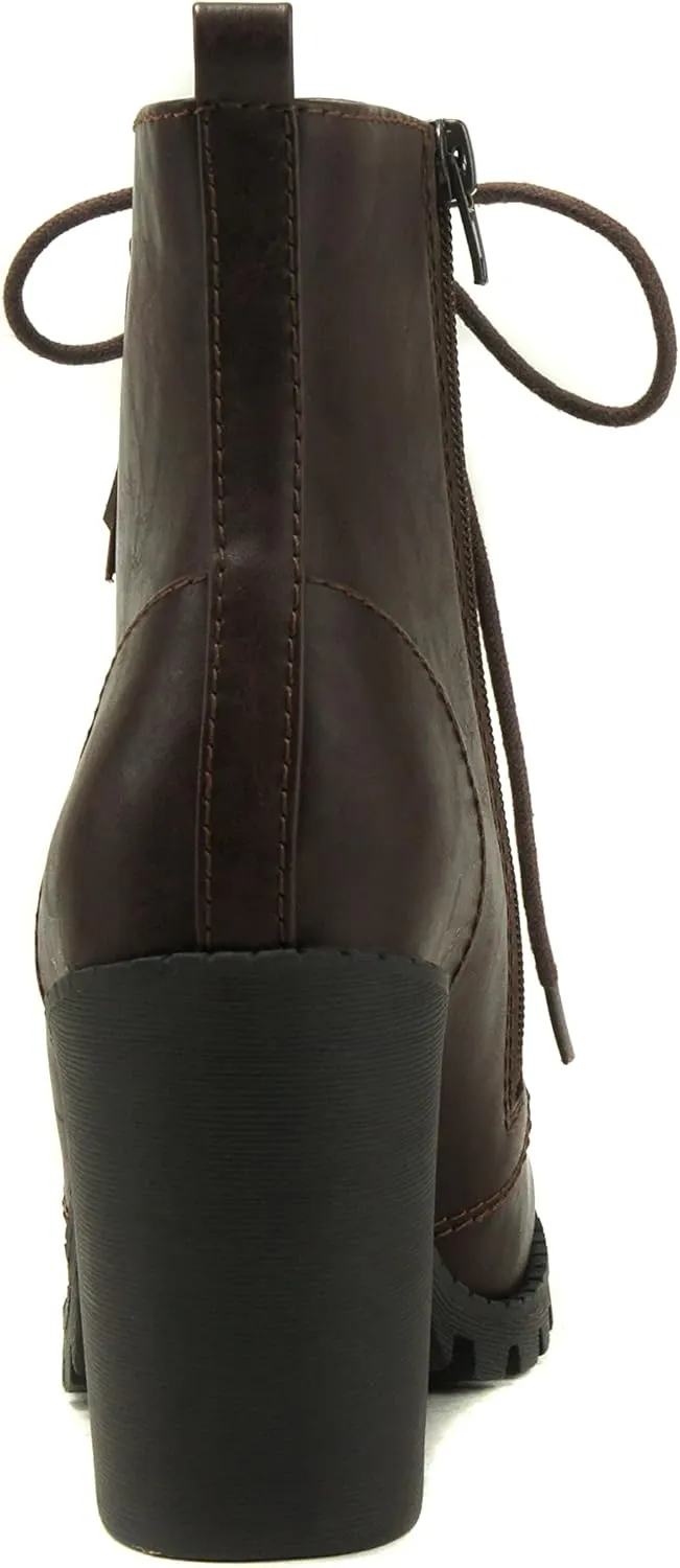 Soda Malia Round Toe Stacked Lug Heel Lace Up Ankle Booties