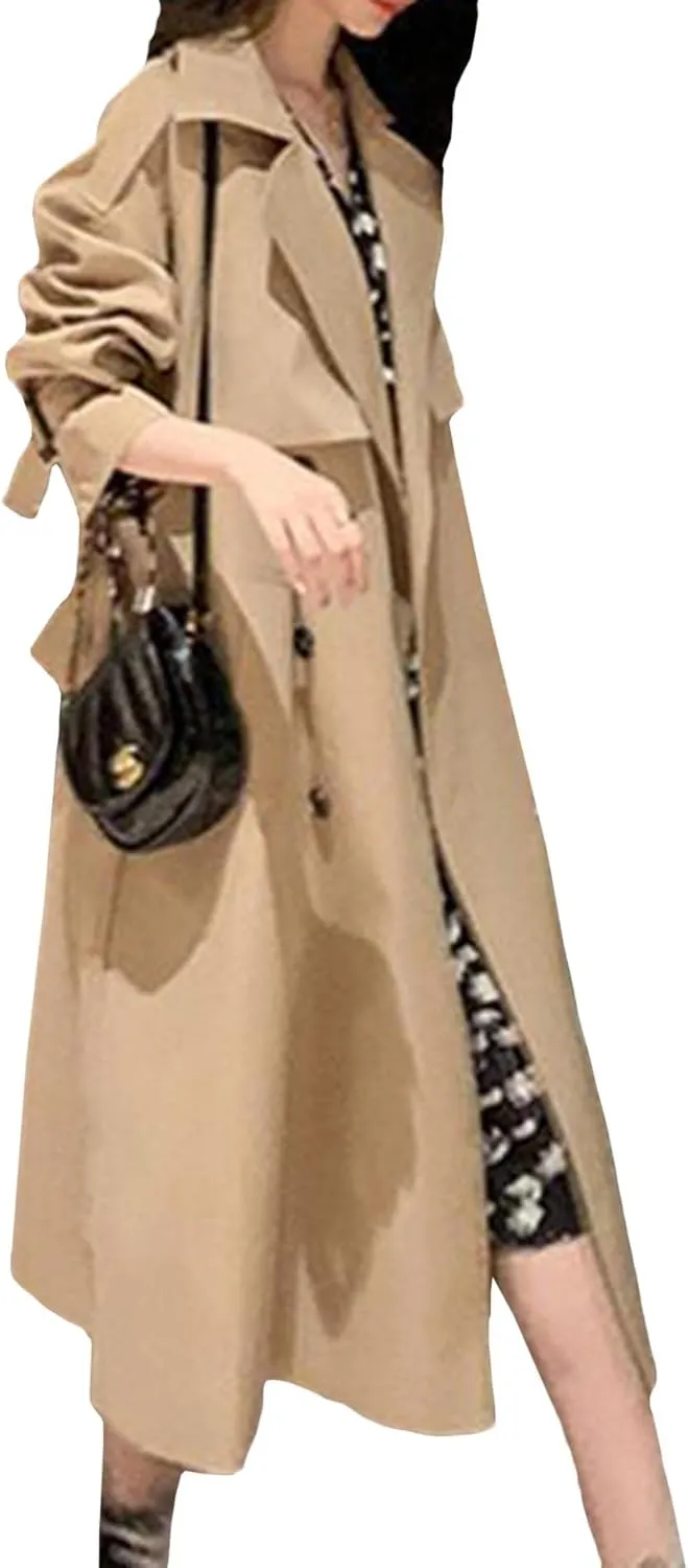 SOMTHRON Women's Double Breasted Long Trench Coat Belted Notch Lapel Overcoat Windproof Classic Outerwear