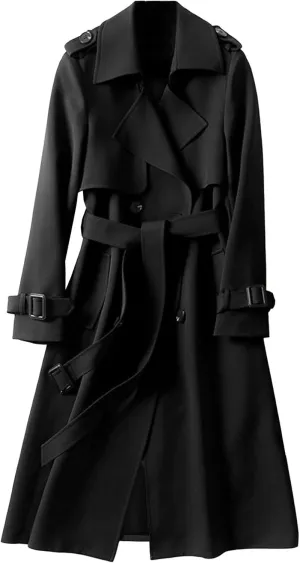 SOMTHRON Women's Double Breasted Long Trench Coat Belted Notch Lapel Overcoat Windproof Classic Outerwear