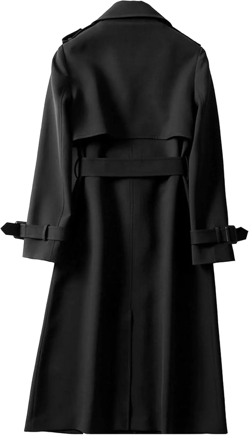SOMTHRON Women's Double Breasted Long Trench Coat Belted Notch Lapel Overcoat Windproof Classic Outerwear