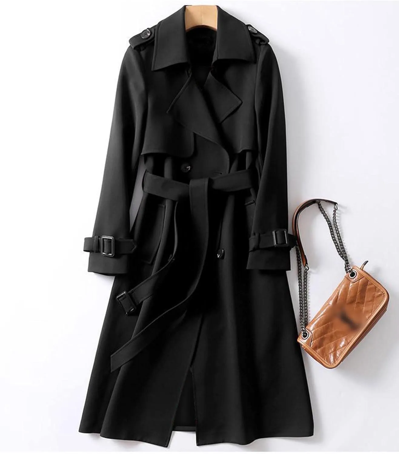 SOMTHRON Women's Double Breasted Long Trench Coat Belted Notch Lapel Overcoat Windproof Classic Outerwear