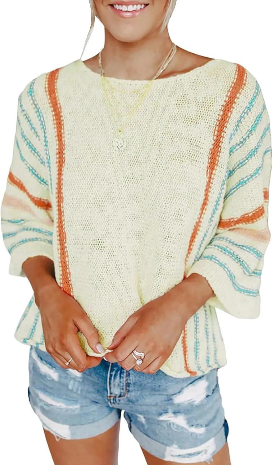 Striped Cable Knit Sweater - Women's Fall Sweaters with 3/4 Sleeves