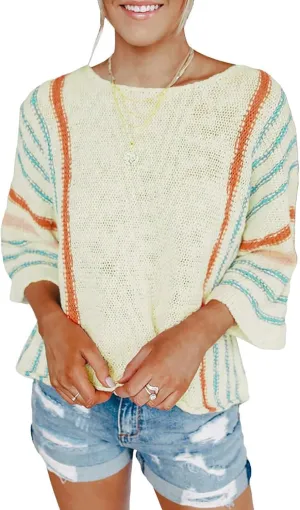 Striped Cable Knit Sweater - Women's Fall Sweaters with 3/4 Sleeves
