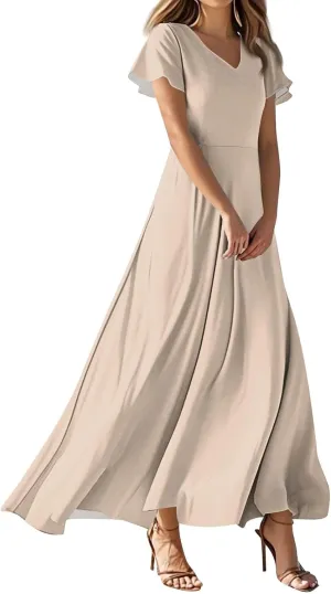 Summer Dresses for Women Elegant V-Neck Short Sleeve Long Maxi Dress Solid/Floral Printed Cocktail Party Dresses