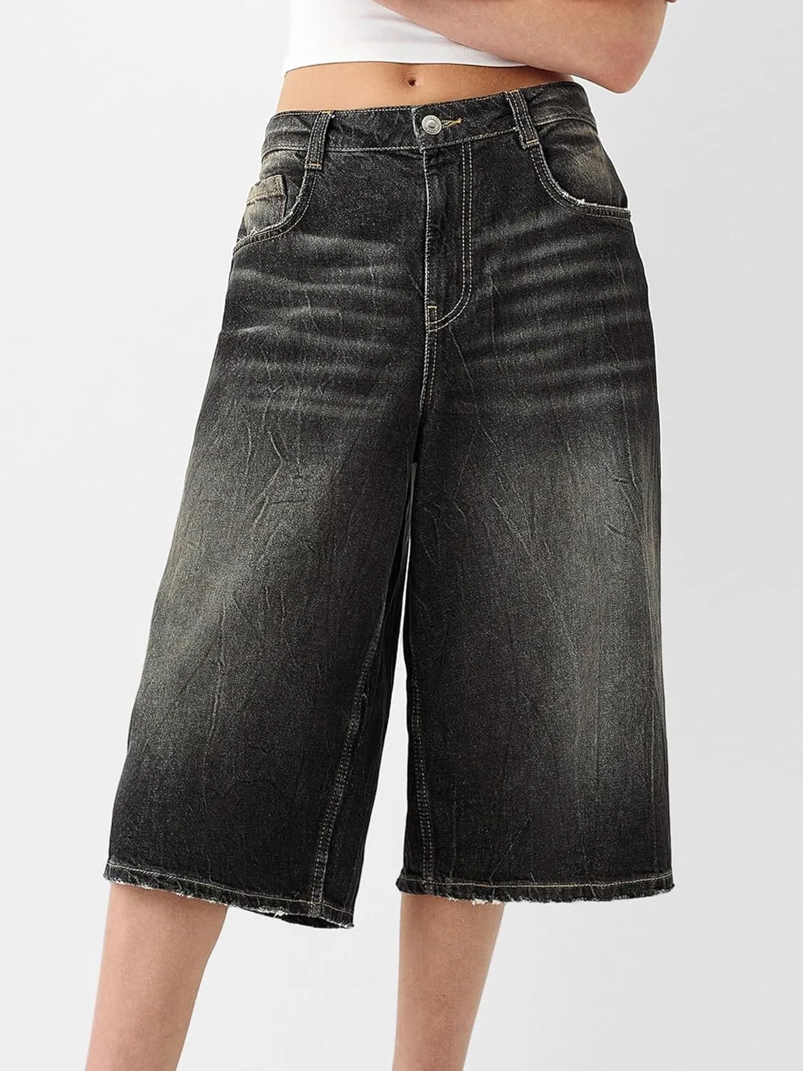 Sunloudy Womens Trendy Knee Length Denim Short Low Waisted Stretchy Bermuda Jean Shorts Baggy Cargo Jorts