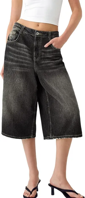 Sunloudy Womens Trendy Knee Length Denim Short Low Waisted Stretchy Bermuda Jean Shorts Baggy Cargo Jorts