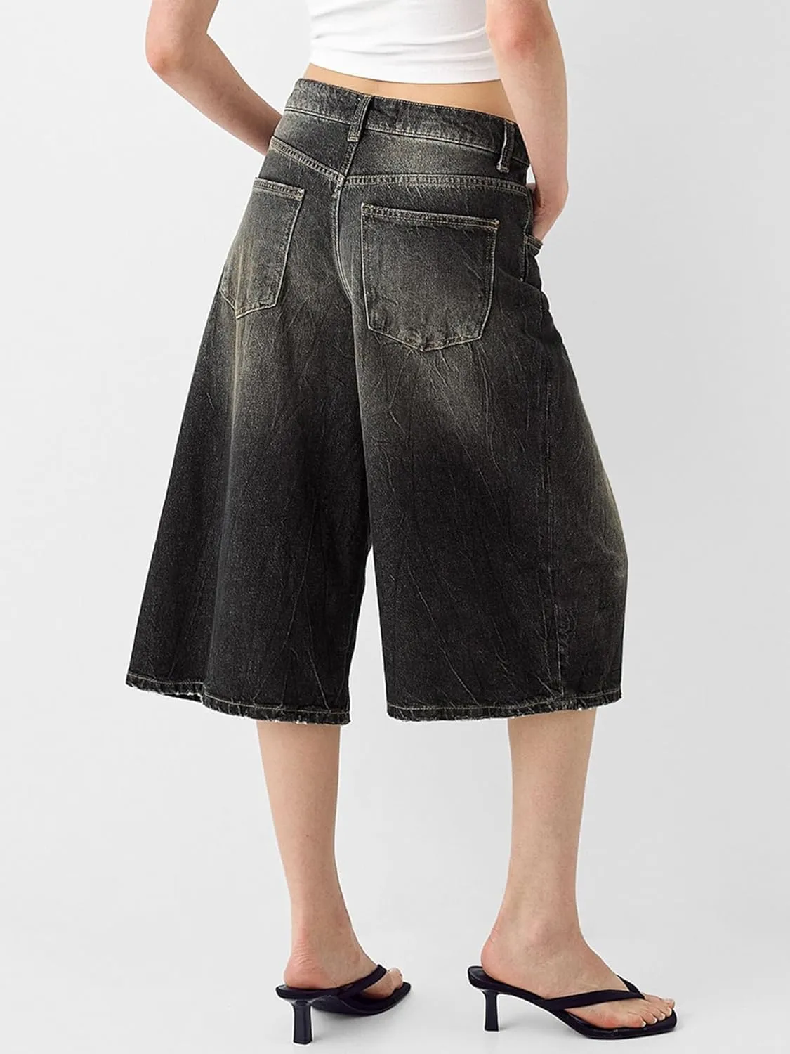 Sunloudy Womens Trendy Knee Length Denim Short Low Waisted Stretchy Bermuda Jean Shorts Baggy Cargo Jorts