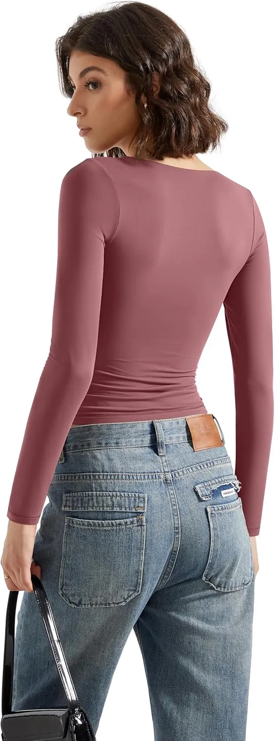 SUUKSESS Women Double Lined Casual V Neck Crop Tank Tops Basic Long Sleeve Shirts