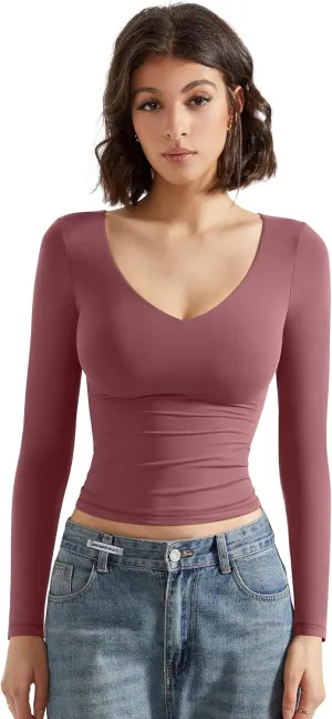 SUUKSESS Women Double Lined Casual V Neck Crop Tank Tops Basic Long Sleeve Shirts