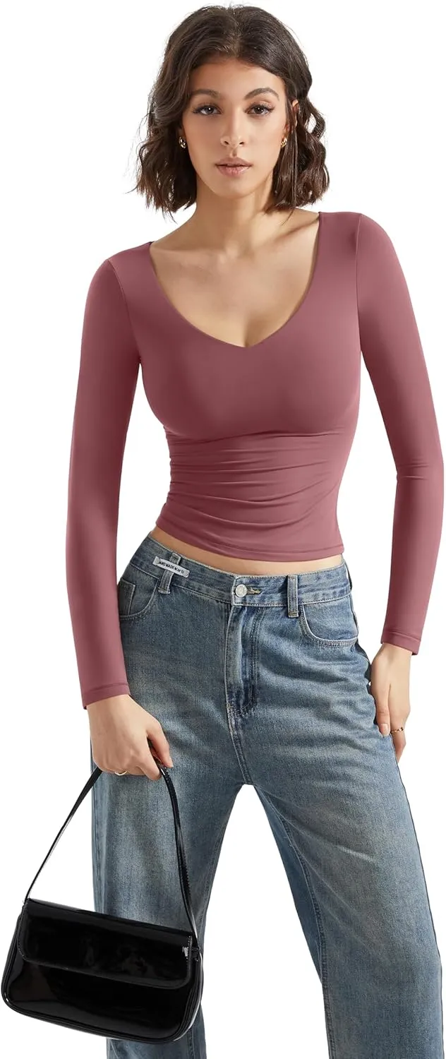 SUUKSESS Women Double Lined Casual V Neck Crop Tank Tops Basic Long Sleeve Shirts
