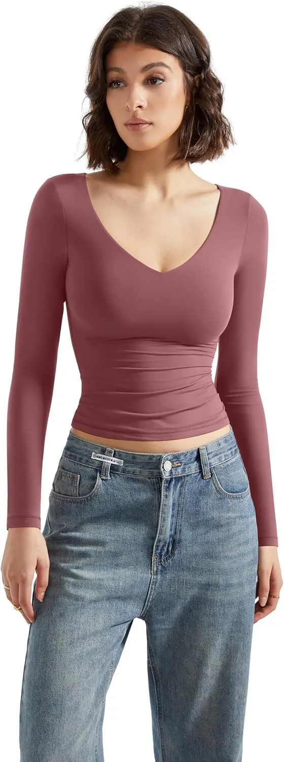 SUUKSESS Women Double Lined Casual V Neck Crop Tank Tops Basic Long Sleeve Shirts