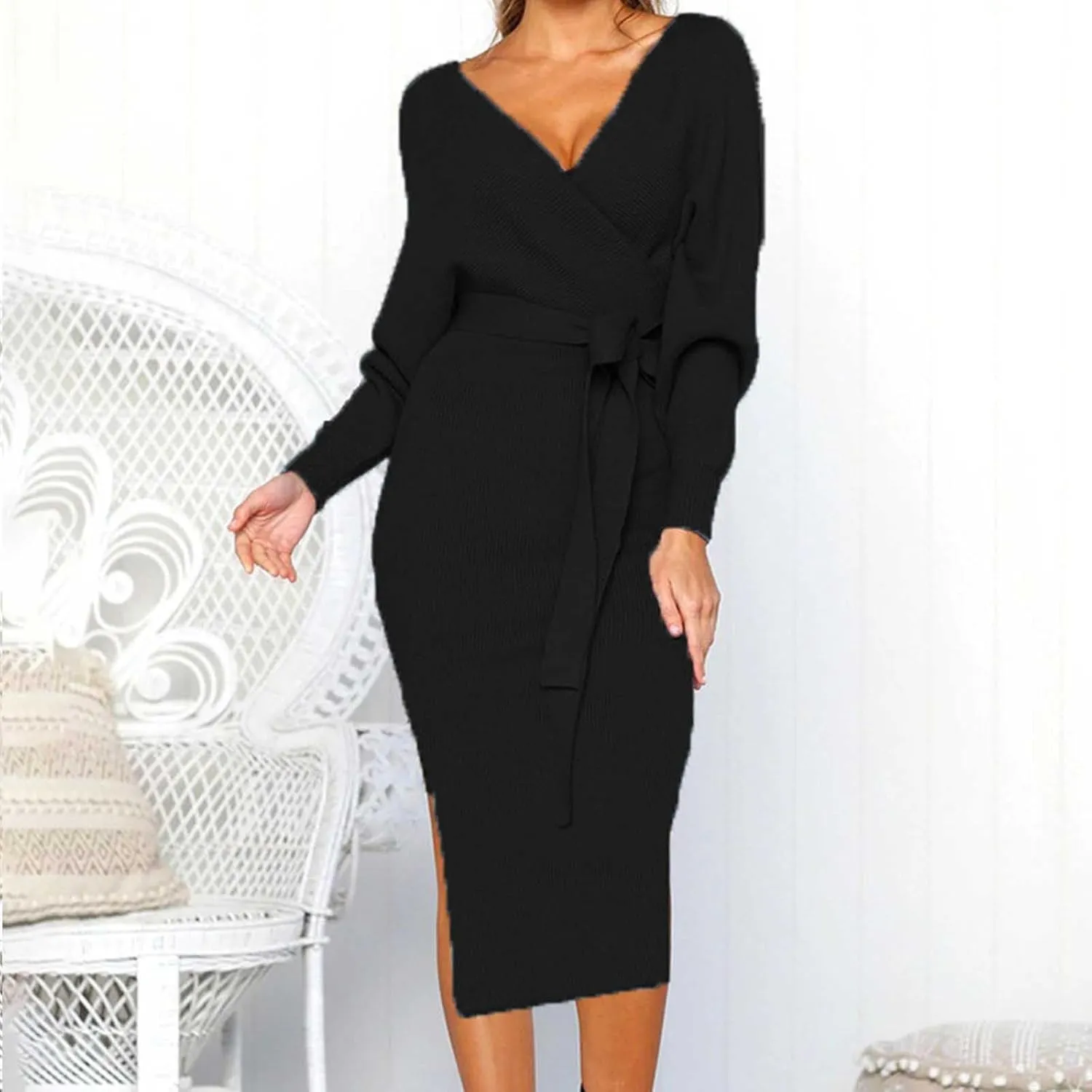 Sweater Dresses for Women Sexy V Neck Cable Knit Dresses Bodycon Slit Midi Dress with Belt Trendy Pullover Sweater