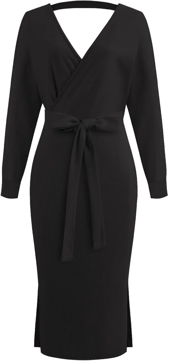 Sweater Dresses for Women Sexy V Neck Cable Knit Dresses Bodycon Slit Midi Dress with Belt Trendy Pullover Sweater
