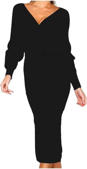 Sweater Dresses for Women Sexy V Neck Cable Knit Dresses Bodycon Slit Midi Dress with Belt Trendy Pullover Sweater