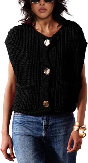 Sweater Vest for Women 2025 Casual Cropped Open Front Sleeveless Chunky Knit Top Button Down Cardigan with Pockets (6W-Black-XS)