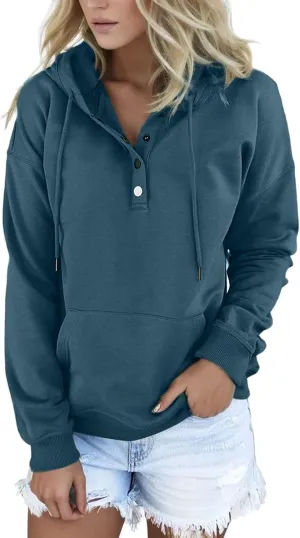 Sweatshirt for Women Fall Womens 2024 Hoodies Button Collar Drawstring Hooded Pullover Sweatshirt Casual Long Sleeve Tops