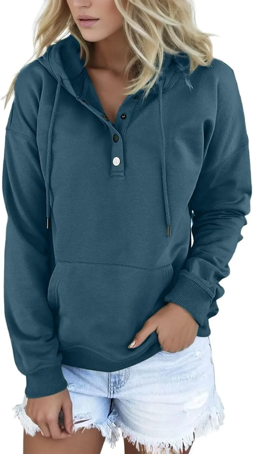 Sweatshirt for Women Fall Womens 2024 Hoodies Button Collar Drawstring Hooded Pullover Sweatshirt Casual Long Sleeve Tops