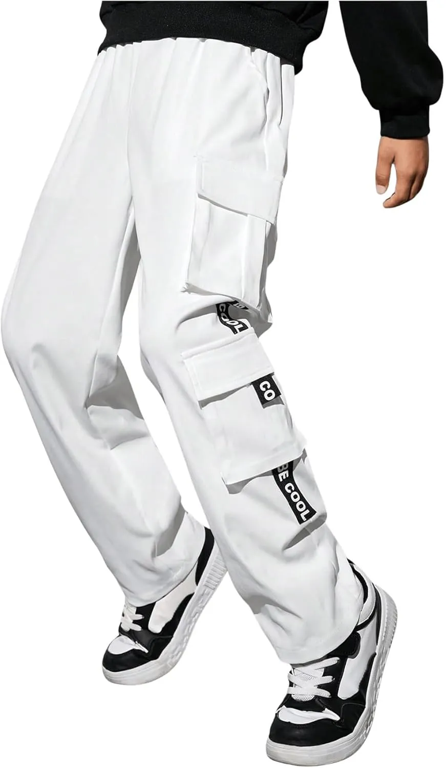 SweatyRocks Boy's Letter Print Flap Pocket Side Casual Cargo Pants Joggers