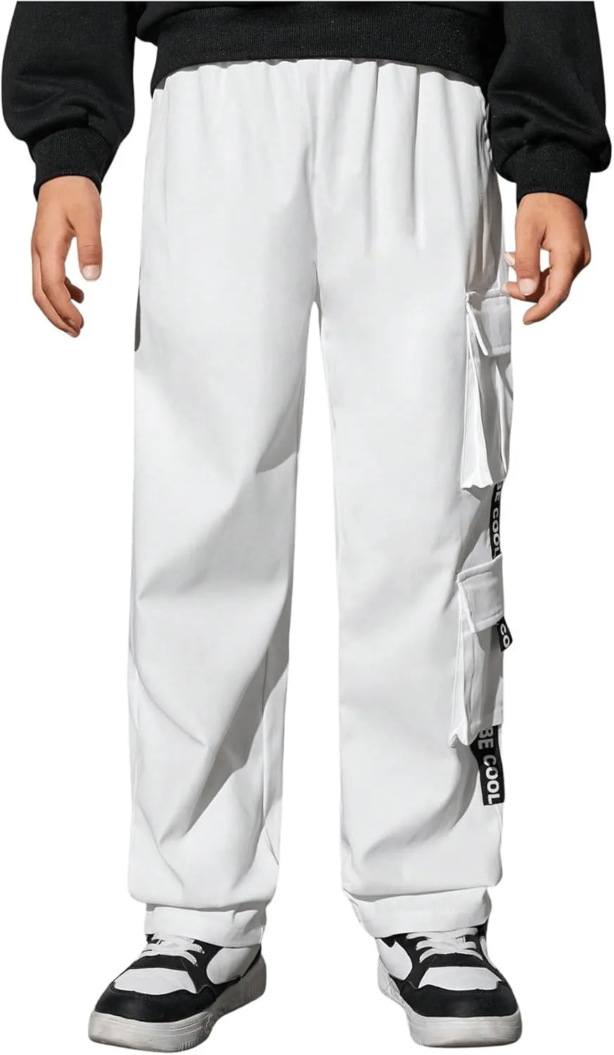 SweatyRocks Boy's Letter Print Flap Pocket Side Casual Cargo Pants Joggers