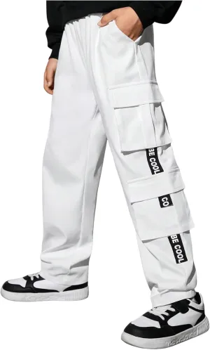 SweatyRocks Boy's Letter Print Flap Pocket Side Casual Cargo Pants Joggers