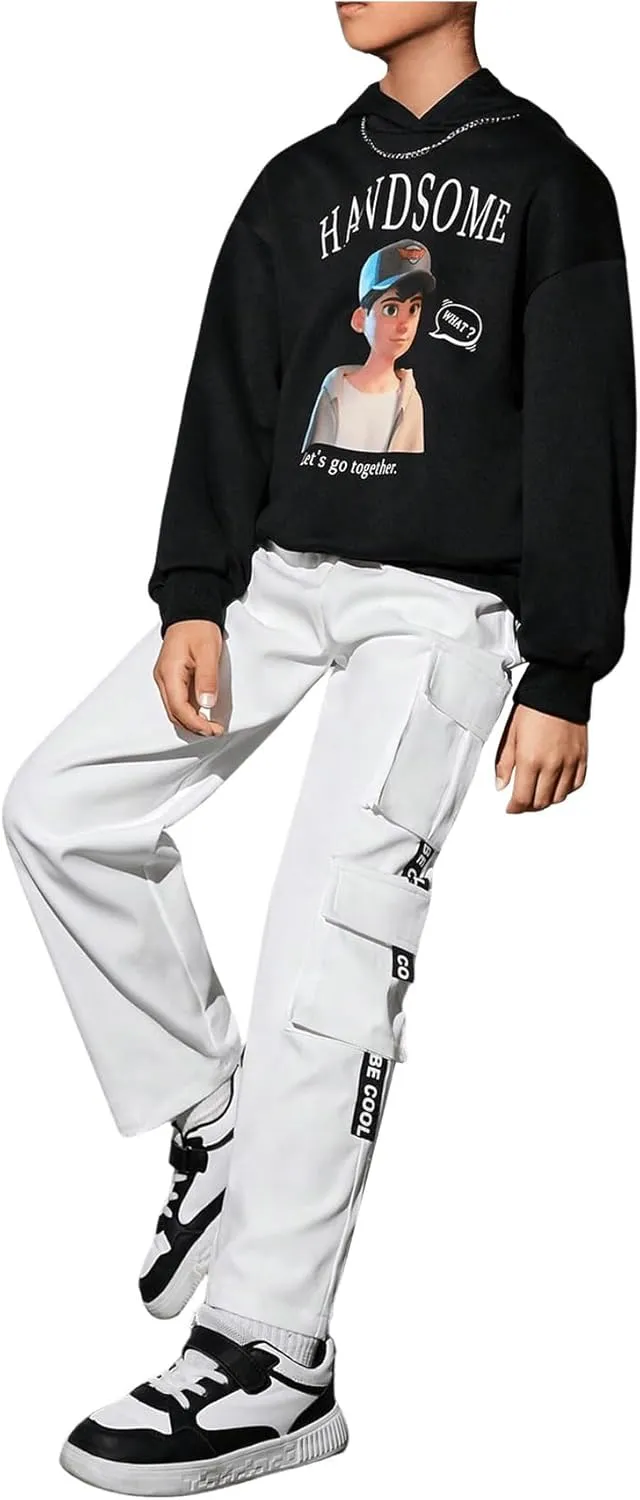 SweatyRocks Boy's Letter Print Flap Pocket Side Casual Cargo Pants Joggers