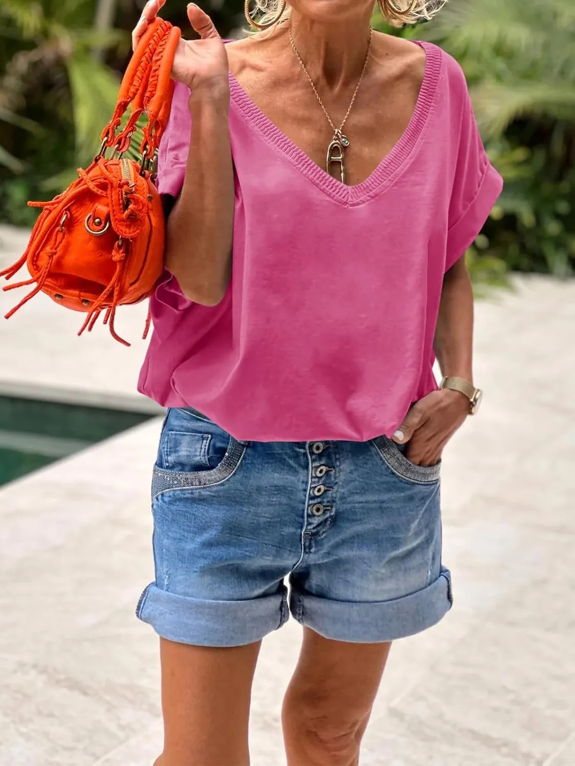 Tankaneo Womens Deep V Neck T-Shirts Oversized Casual Summer Loose Fit Short Sleeve Tops