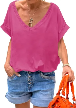 Tankaneo Womens Deep V Neck T-Shirts Oversized Casual Summer Loose Fit Short Sleeve Tops